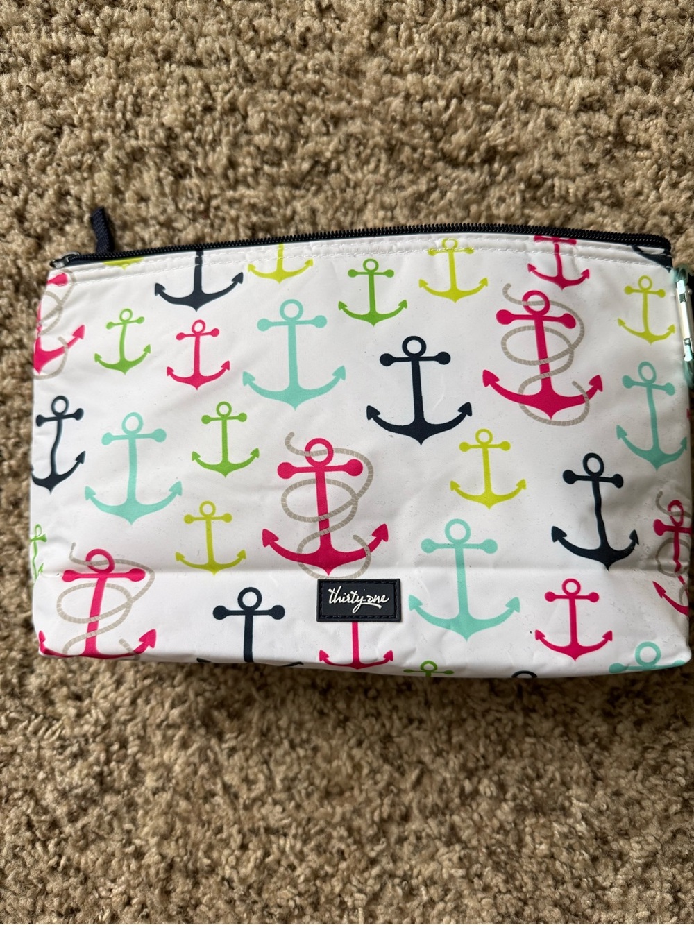 thirty-one White Anchor insulated zipper pouch with Navy, Mint, Hot Pink & Lime